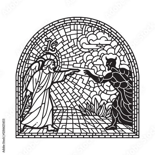 Minimalist Mosaic Depiction of God Expelling the Devil from Heaven