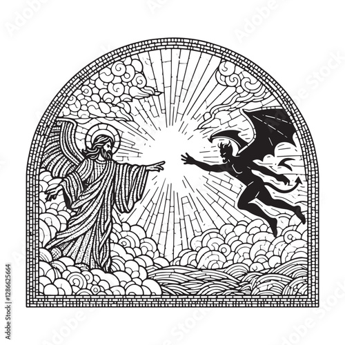 Minimalist Mosaic Depiction of God Expelling Devil from Heaven