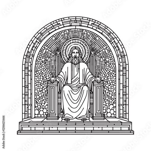 Minimalist Mosaic Depiction of God on Golden Throne in Arc Window