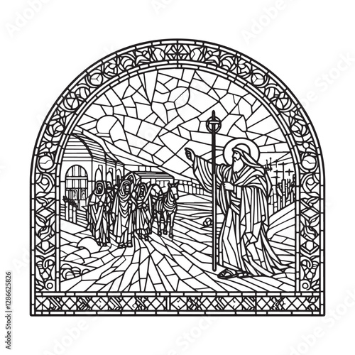 Minimalist Mosaic Depiction of Saul's Conversion on the Road to Damascus within an Elegant Arc Window Frame
