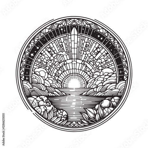 Minimalist Mosaic Depiction of Revelation 21's New Earth in Arc Window