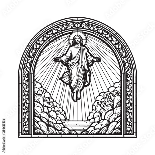 Minimalist Mosaic Depiction of the Ascension of Jesus in Arc Window