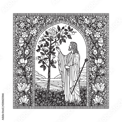 Minimalist Mosaic Depiction of Solomon 2, Blossoming Love in Arc Window