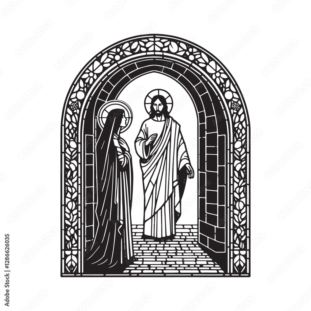Fototapeta premium Minimalist Mosaic Depiction, Jesus Appears to Mary Magdalene Post Resurrection