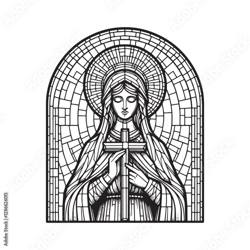 Minimalist mosaic depiction of the virgin mary holding a cross within an arched window