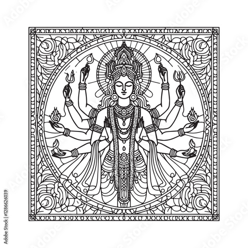 Minimalist Mosaic Depiction of Vishnu with Blue Skin and Four Arms