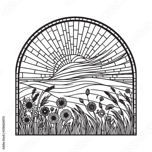Minimalist mosaic floral outline in arc window with breeze effect design
