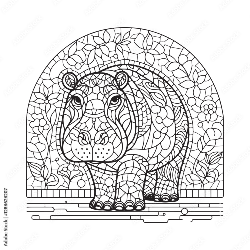 Fototapeta premium Minimalist Mosaic Hippopotamus in Arc Window Design