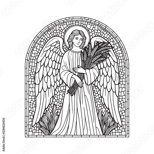 Minimalist mosaic illustration of an angel with wheat in arc window