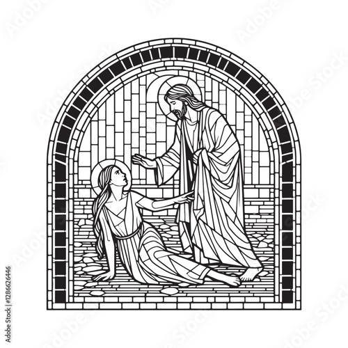 Minimalist mosaic illustration depicting Jesus and the adulterous woman within an arched window