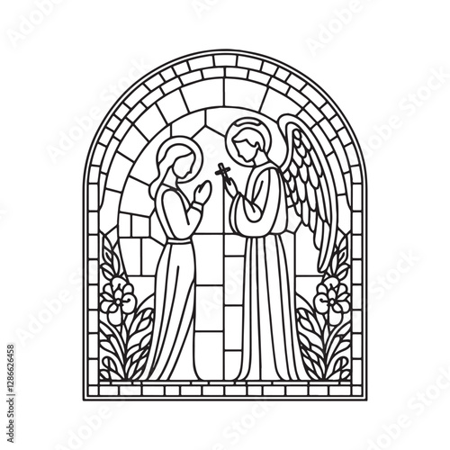 Minimalist mosaic illustration of an angel assisting a praying person