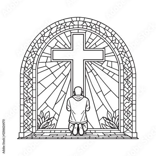 Minimalist mosaic illustration of a person praying before a cross