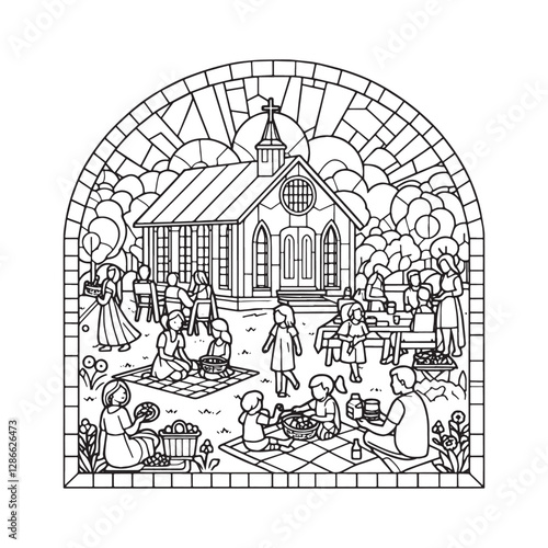 Wallpaper Mural Minimalist Mosaic Illustration of Church Picnic on the Lawn with Families and Children Enjoying Food and Activities Torontodigital.ca