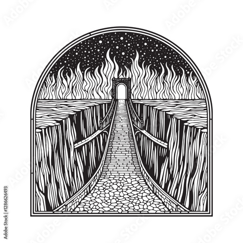 Minimalist mosaic illustration of bridge to hell's gates within arc window