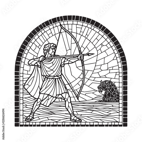 Minimalist mosaic illustration of David's triumph over Goliath