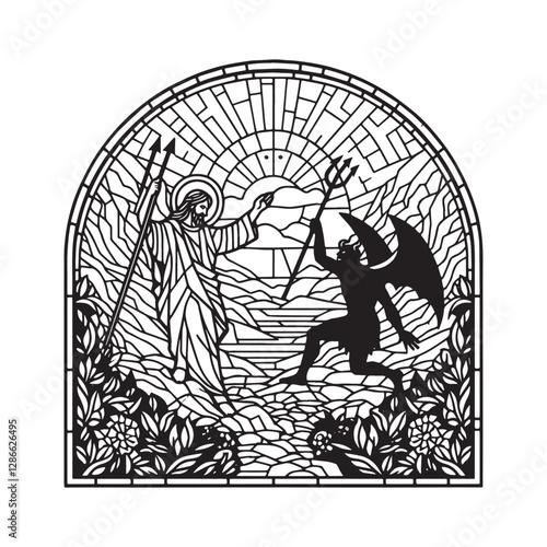 Minimalist mosaic illustration of jesus' victory over satan in wilderness