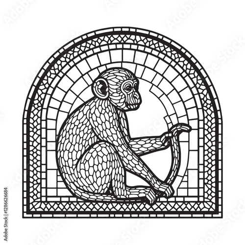 Minimalist Mosaic Macaque Monkey in Arch Window Coloring Book De