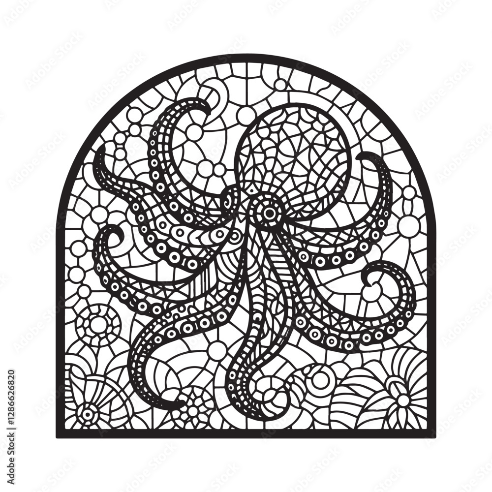 Minimalist Mosaic Octopus in Arc Window Design 8405 Minimalist Mosaic Octopus in Arc Window Design 8405