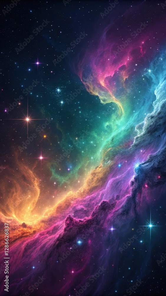 Fototapeta premium Colorful Cosmic Nebula Swirling with Bright Stars in Dark Space