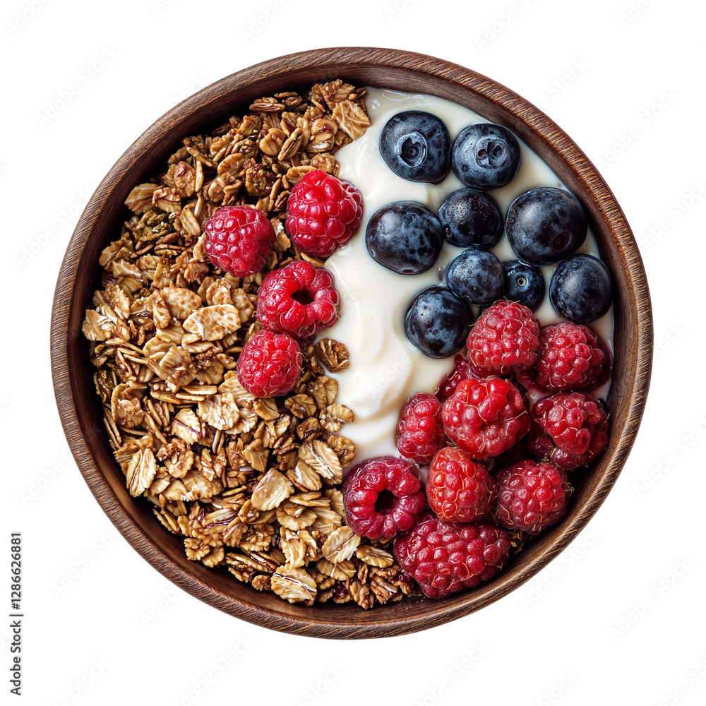 A bowl of Greek yogurt topped with granola, blueberries, and raspberries. The bowl is brown and the yogurt appears creamy and smooth. A bowl of Greek yogurt topped with granola, blueberries, and raspberries. The bowl is brown and the yogurt appears creamy and smooth.