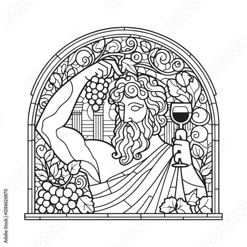 Minimalist Mosaic of Dionysus, Greek God of Wine, with Grapes and Thyrsus