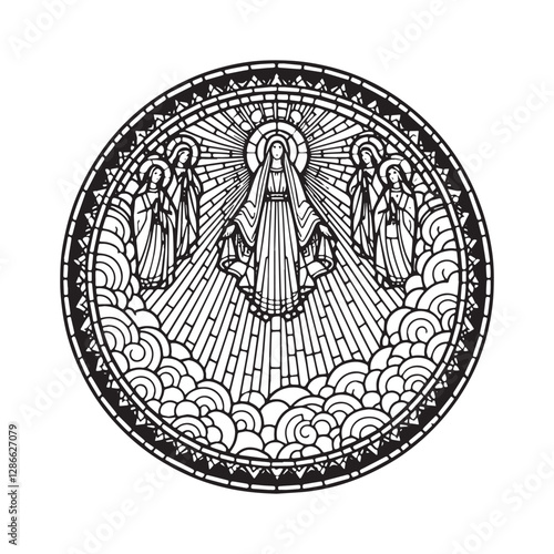 Minimalist Mosaic Outline Depiction of the Assumption of Mary Celebration within a Simple Arc Window Design