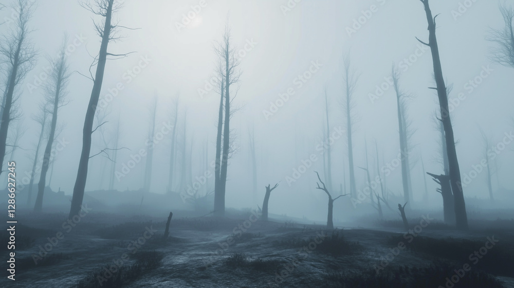 Obraz premium Foggy desolate forest with leafless trees creating an eerie atmosphere