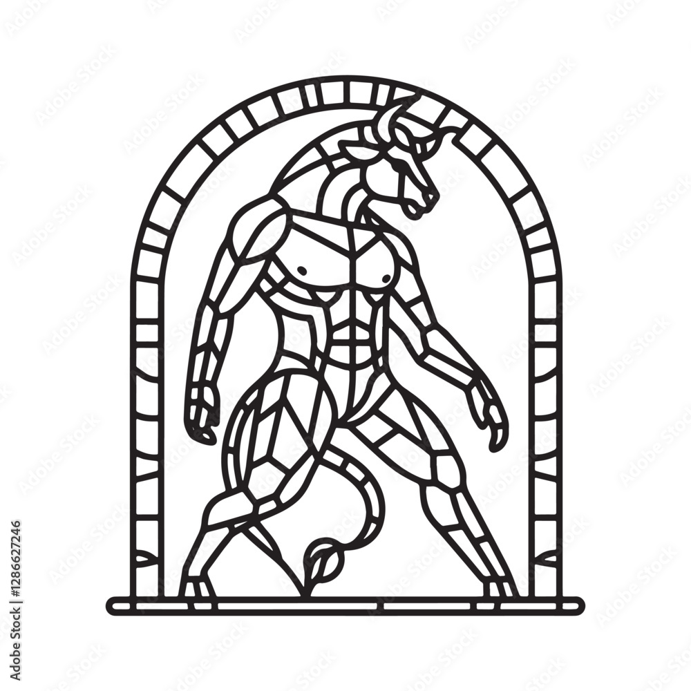 Fototapeta premium Minimalist Mosaic Outline of a Minotaur in an Arc Window Illustration