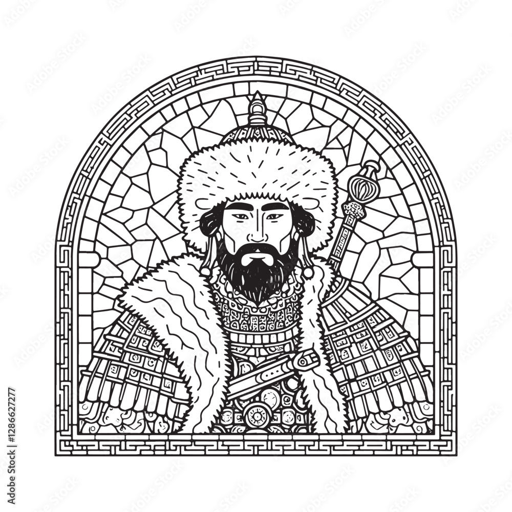Naklejka premium Minimalist mosaic outline of a mongol ruler with fur hat inside an arc window