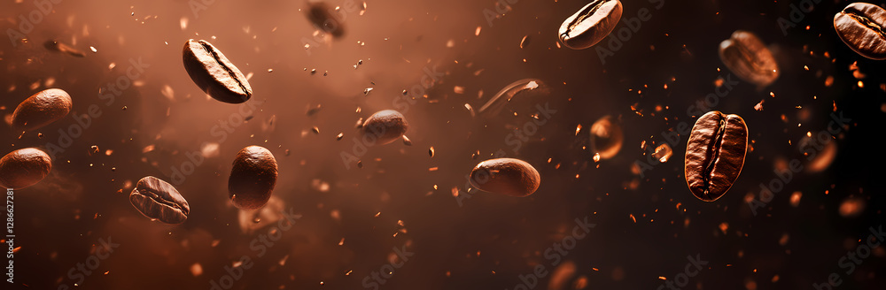 Coffee Bean Symphony: An artistic view of coffee beans floating in the air, suspended in a hazy brown mist, capturing the rich aroma and essence of coffee. Coffee Bean Symphony: An artistic view of coffee beans floating in the air, suspended in a hazy brown mist, capturing the rich aroma and essence of coffee.