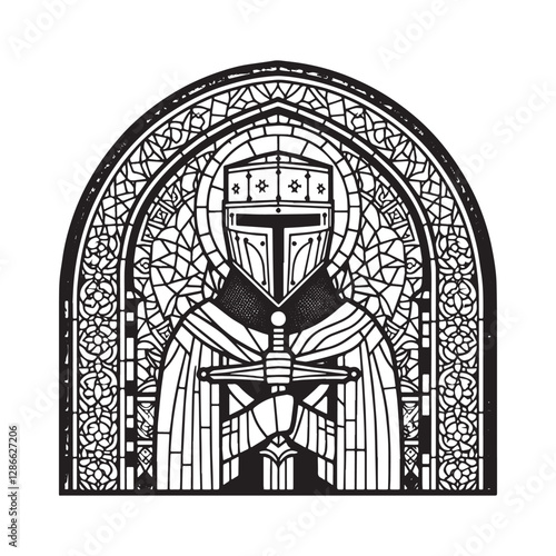 Minimalist mosaic outline of a Crusader Templar in an arc window