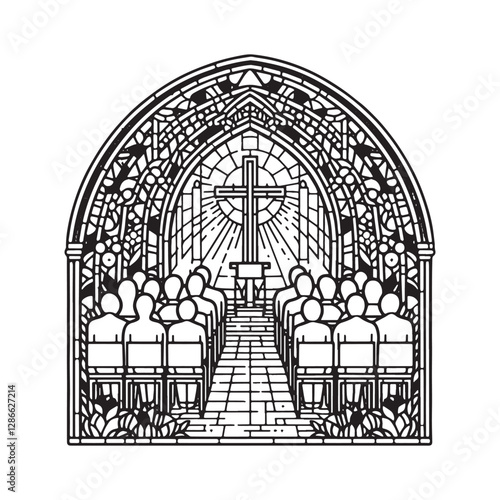 Minimalist mosaic outline of a funeral service in arc window design