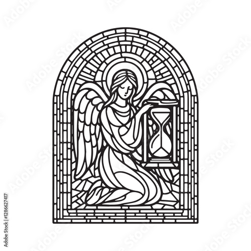 Minimalist mosaic outline of an angel holding an hourglass inside a window