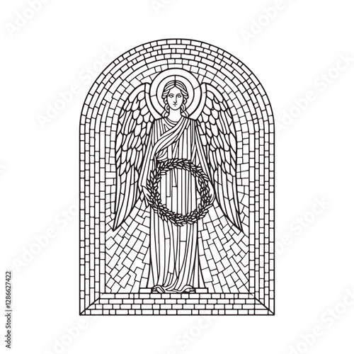 Minimalist Mosaic Outline of an Angel with Wreath in Arc Window Design