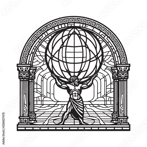 Minimalist Mosaic Outline of Atlas Greek God Inside an Arc Window