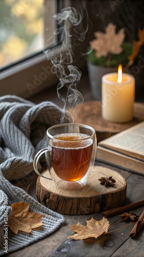 Wallpaper Mural Double-Walled Glass Tumbler Holding Hot Tea on Rustic Wooden Surface with Autumn Decor Torontodigital.ca