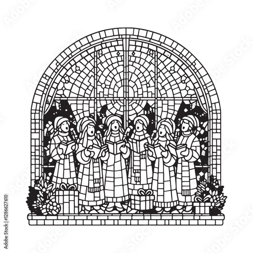 Minimalist mosaic outline of Christmas carolers singing in neighborhood framed inside a simple arc window reflecting holiday harmony