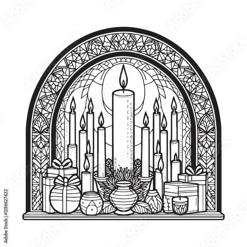 Minimalist Mosaic Outline of Christmas Eve Candlelight Service in Arc Window