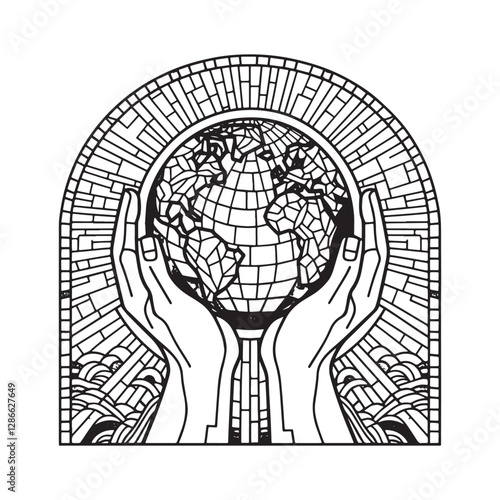 Minimalist mosaic outline of God's hands holding the world in arc window