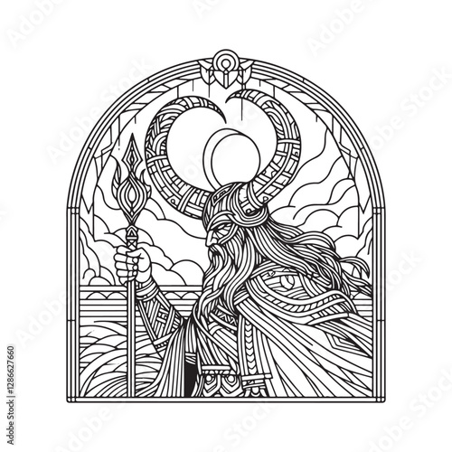 Minimalist Mosaic Outline of Heimdall, Norse Guardian of the Bifrost, Window