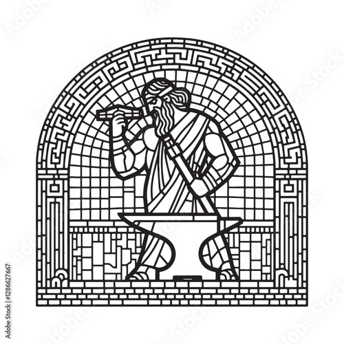 Minimalist mosaic outline of Hephaestus god of blacksmiths in arc window