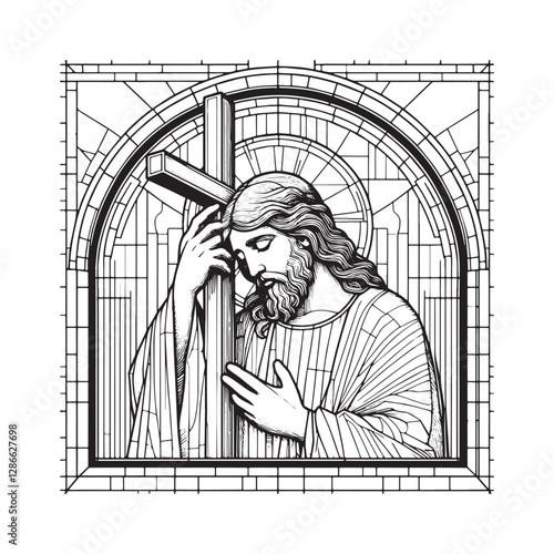 Minimalist mosaic outline of Jesus Christ holding the cross within a simple arc window