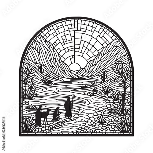 Minimalist Mosaic Outline of John the Baptist Preaching in the Desert within an Arc Window