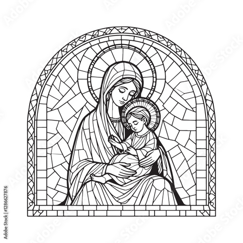 Minimalist Mosaic Outline of Mary and Child Jesus in Arc Window