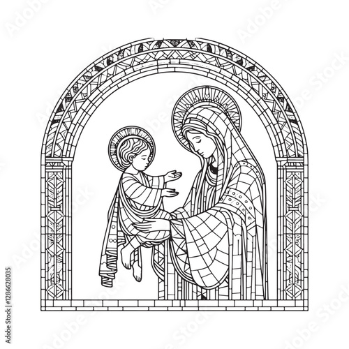 Minimalist mosaic outline of Mary and Infant Jesus at the temple arched