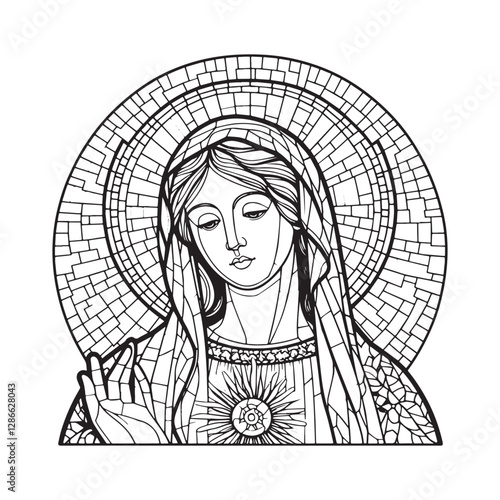 Minimalist Mosaic Outline of Mary Mother of Divine Grace in Arc Window