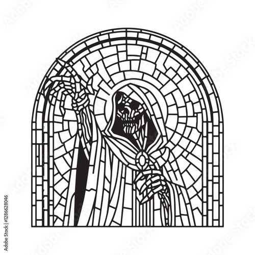 Minimalist Mosaic Outline of Lich inside Simple Arc Window Illustration