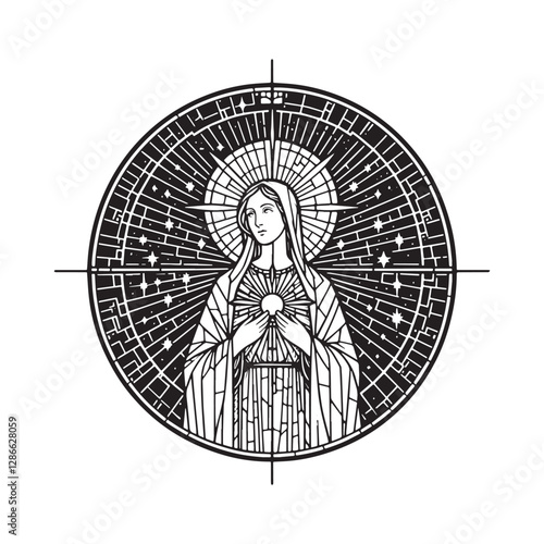Minimalist Mosaic Outline of Mary as the Morning Star Inside Arc Window