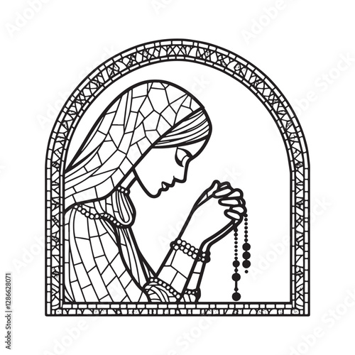 Minimalist Mosaic Outline of Person Praying with Rosary in Arc Window