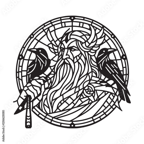 Minimalist Mosaic Outline of Odin with Ravens in an Arc Window Design